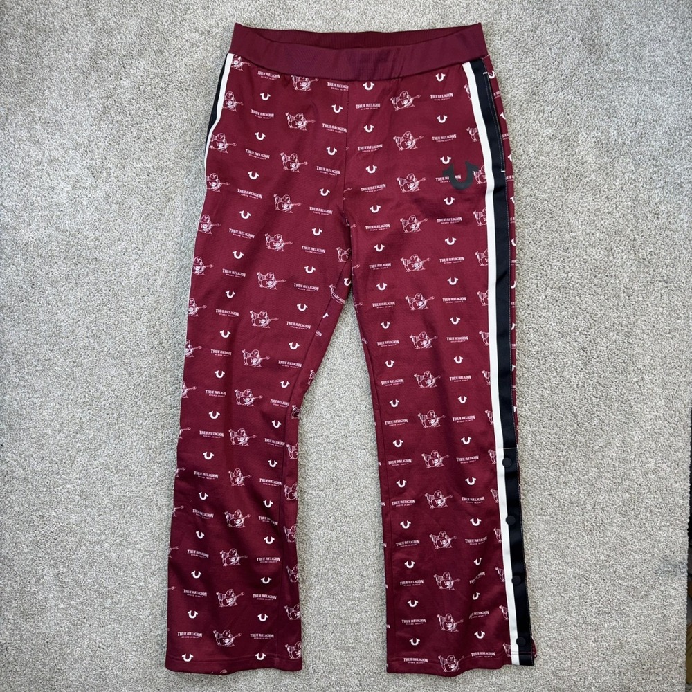 True Religion Men's Maroon Track Pants with Side Stripe